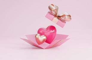 banner de feliz día de san valentín con caja de regalo abierta, corazones 3d y decoraciones románticas de san valentín sobre fondo rosa., modelo 3d e ilustración. foto