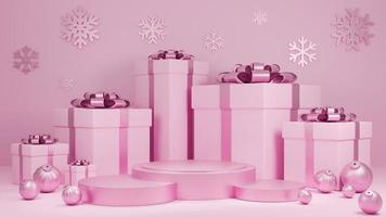 Holiday Christmas and Happy new year pastel pink color background with a gift box and podium display stand for show Luxury products packaging presentation.,3d model and illustration. photo