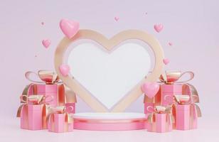 Happy valentine day banner with podium for product presentation and hearts 3d objects on pink background.,3d model and illustration. photo