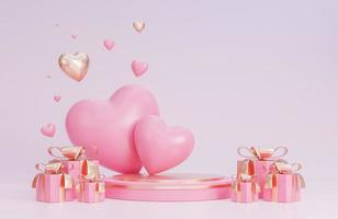 Happy valentine day banner with podium for product presentation and hearts 3d objects on pink background.,3d model and illustration. photo