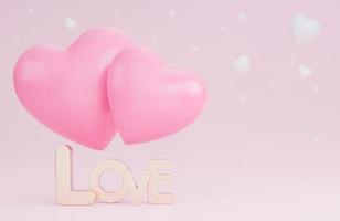banner de feliz día de san valentín con corazones 3d, amor de texto y decoraciones románticas de san valentín sobre fondo rosa., modelo 3d e ilustración. foto