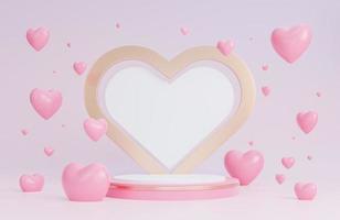 banner de feliz día de san valentín con podio para la presentación del producto y corazones objetos 3d sobre fondo rosa, modelo 3d e ilustración. foto