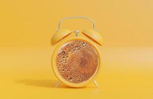 despertador amarillo retro con café negro en el medio sobre fondo amarillo., modelo 3d e ilustración. foto