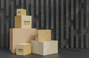 montón de cajas de cartón para la entrega de mercancías, paquetes sobre fondo de piedra negra, modelo 3d e ilustración. foto
