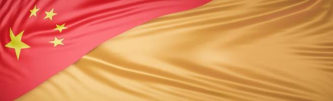 Beautiful China Flag Wave Close Up on gold silk banner background with copy space.,3d model and illustration. photo