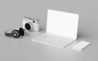 Minimalistic camera headphone, laptop, smartphone with blank screen mockup, 3d rendering photo