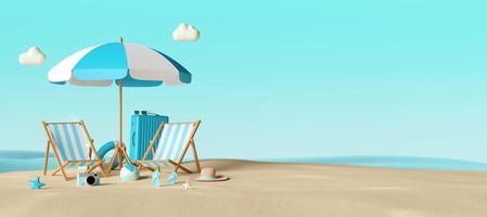 concepto de vacaciones de verano, pancarta de sillas de playa y accesorios en la playa, ilustración 3d foto