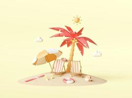 Summer vacation concept, Beach chairs and accessories under palm tree on the beach, 3d illustration photo