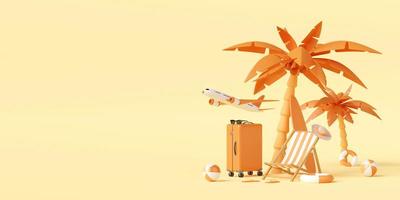 concepto de vacaciones de verano, sillas de playa y accesorios bajo palmera, ilustración 3d foto