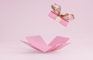 banner de feliz día de san valentín con caja de regalo rosa abierta sobre fondo rosa, modelo 3d e ilustración. foto