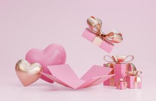 banner de feliz día de san valentín con caja de regalo abierta, corazones 3d y decoraciones románticas de san valentín sobre fondo rosa., modelo 3d e ilustración. foto