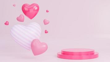 banner de feliz día de san valentín con muchos corazones objetos 3d y podio para la presentación del producto sobre fondo rosa, modelo 3d e ilustración. foto