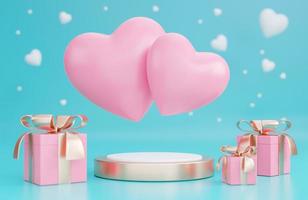 Happy valentine's day with 3d empty podium and romantic valentine decorations on green background.,3d model and illustration. photo