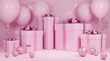 Holiday Christmas and Happy new year pastel pink color background with a gift box and balloons.,3d model and illustration. photo