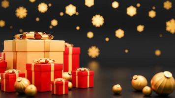 feliz navidad y feliz año nuevo banner estilo de lujo.,caja de regalos roja y dorada realista con bolas de navidad doradas.,modelo 3d e ilustración.