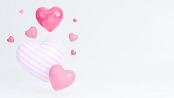 banner de feliz día de san valentín con muchos corazones objetos 3d sobre fondo blanco, modelo 3d e ilustración. foto