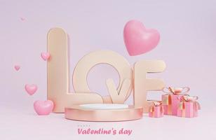 banner de feliz día de san valentín con podio para presentación de productos y amor objetos 3d sobre fondo rosa., modelo 3d e ilustración. foto