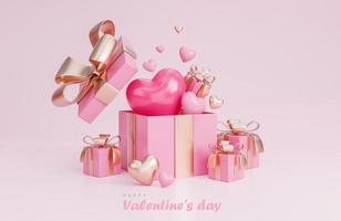 banner de feliz día de san valentín con corazones 3d, caja de regalo y decoraciones románticas de san valentín sobre fondo rosa., modelo 3d e ilustración. foto