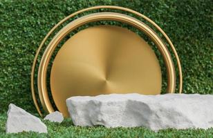 White stone podium for product presentation and golden arch on green leaves wall background natural style.,3d model and illustration. photo