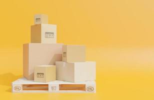 montón de cajas de cartón para la entrega de mercancías en paletas de madera, paquetes sobre fondo amarillo, modelo 3d e ilustración. foto
