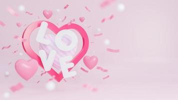 banner de feliz día de san valentín con muchos corazones y texto de amor sobre fondo rosa., modelo 3d e ilustración. foto
