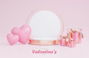 feliz día de san valentín con podio vacío 3d y decoraciones románticas de san valentín sobre fondo rosa., modelo 3d e ilustración. foto