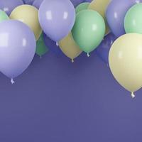 globos multicolores flotando en fondo púrpura pastel.fiesta de cumpleaños y concepto de año nuevo. modelo 3d e ilustración. foto