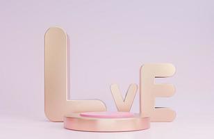 Happy valentine day banner with podium for product presentation and Love 3d objects on pink background.,3d model and illustration. photo