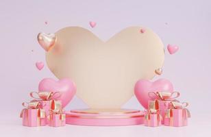 Happy valentine day banner with podium for product presentation and hearts 3d objects on pink background.,3d model and illustration. photo