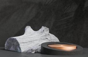 Gold and Black circle podium for product presentation with White tree stump on green leaves wall background natural style.,3d model and illustration. photo