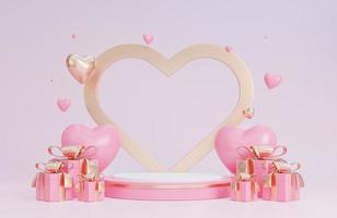 Happy valentine day banner with podium for product presentation and hearts 3d objects on pink background.,3d model and illustration. photo