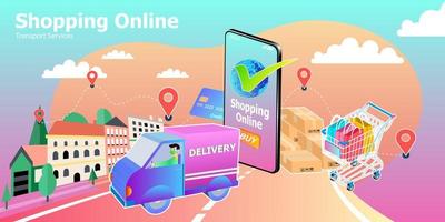 Digital marketing Vector illustration of shopping online on website mobile phone use as background business technology e-commerce delivery service