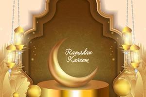 Ramadan Kareem Islamic soft brown and gold luxury with mandala and podium vector