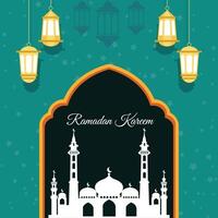 ramadan kareem diseño de vector de fondo de tarjeta de felicitación, vacaciones islámicas, con diseño de mezquita de lámpara de estrella y escritura árabe