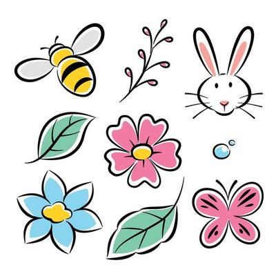 cartoon drawing of flowers and animals, vector