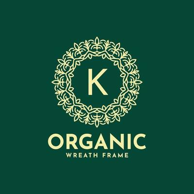 letter K organic circle vintage wreath frame vector logo design for boutique, wedding, salon, spa, beauty care, flourish, restaurant, cottage, hotel, wellness, therapy, cosmetic