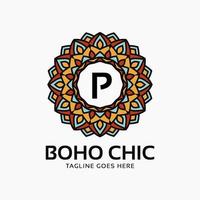 letter P boho chic round decoration vintage color mandala vector logo design element