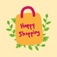 feliz texto de compras con bolso de mano y decoración de plantas estilo doodle adorno de diseño vectorial vector