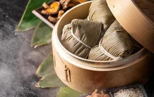 Zongzi, delicious fresh hot steamed rice dumplings in steamer. Close up, copy space, famous asian tasty food in dragon boat duanwu festival photo