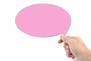 Hands holding paper bubbles speech for text or word isolated with clipping path on white background. photo