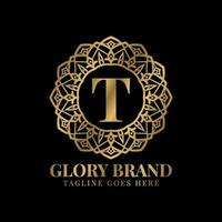 letra t gloria mandala vintage color dorado lujo vector logo diseño