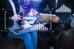 Data Management System with Business Analytics concept. business team hands working with provide information for Key Performance Indicators and marketing analysis photo