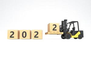 New year 2022, Forklift is lifting a cardboard box with the number 2