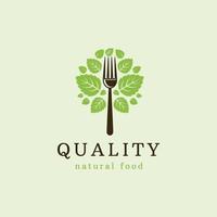 a logo image of a big fork with lots of leaves around it so the fork looks like a big tree for vegan or organic or natural food or healthy style related icon vector