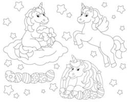 A set of cute festive Easter unicorns. Coloring book page for kids. Cartoon style character. Vector illustration isolated on white background.