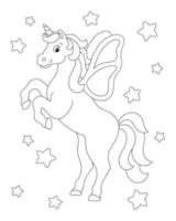 Beautiful unicorn with wings reared up. Coloring book page for kids. Cartoon style character. Vector illustration isolated on white background.