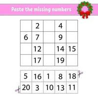 Paste the missing numbers 1-20. Game for children. Handwriting practice. Learning numbers for kids. Education developing worksheet. Activity page. Isolated vector illustration in cute cartoon style.