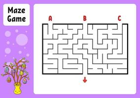 Rectangle maze. Game for kids. Three entrances, one exit. Education worksheet. Puzzle for children. Labyrinth conundrum. Color vector illustration. Find the right path. Easter theme.