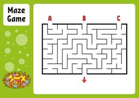 Rectangle maze. Game for kids. Three entrances, one exit. Education worksheet. Puzzle for children. Labyrinth conundrum. Color vector illustration. Find the right path. Easter theme.