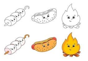 Set coloring page for kids. Cute cartoon characters. Black stroke. With sample. Vector illustration. Barbecue theme.